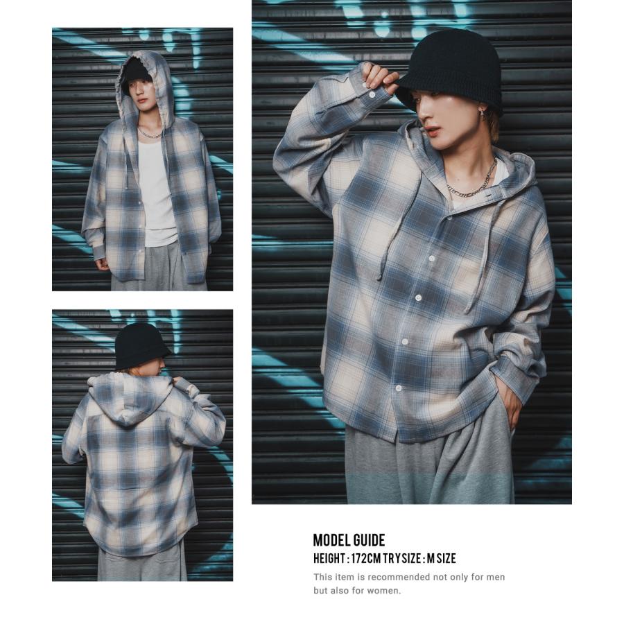 シャツ メンズ チェック柄 シャツパーカー フード付きシャツ フーディー 大きめ アメカジ カジュアル スケーター ストリート Y2K 90s 古着MIX 韓国ファッション | improves | 08