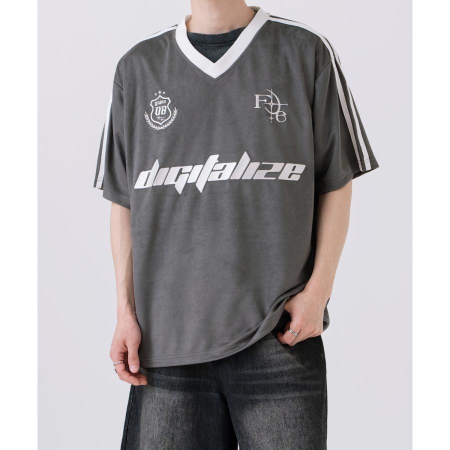 半袖Tシャツ メンズ ライン柄 Vネック ゲームシャツ オーバーサイズ スポーティー カジュアル ストリート 韓国ファッション Y2K ホワイト グレー ピンク | improves