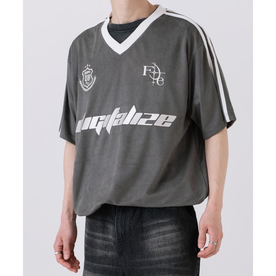 半袖Tシャツ メンズ ライン柄 Vネック ゲームシャツ オーバーサイズ スポーティー カジュアル ストリート 韓国ファッション Y2K ホワイト グレー ピンク | improves | 18