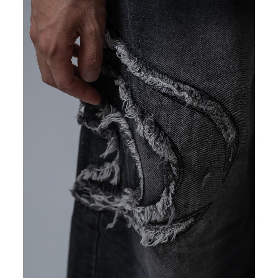 デニムパンツ メンズ 刺しゅう カーブパンツ ワイドパンツ アメカジ カジュアル Y2K ストリート 90s ストリート 韓国ファッション ブラック | improves | 11