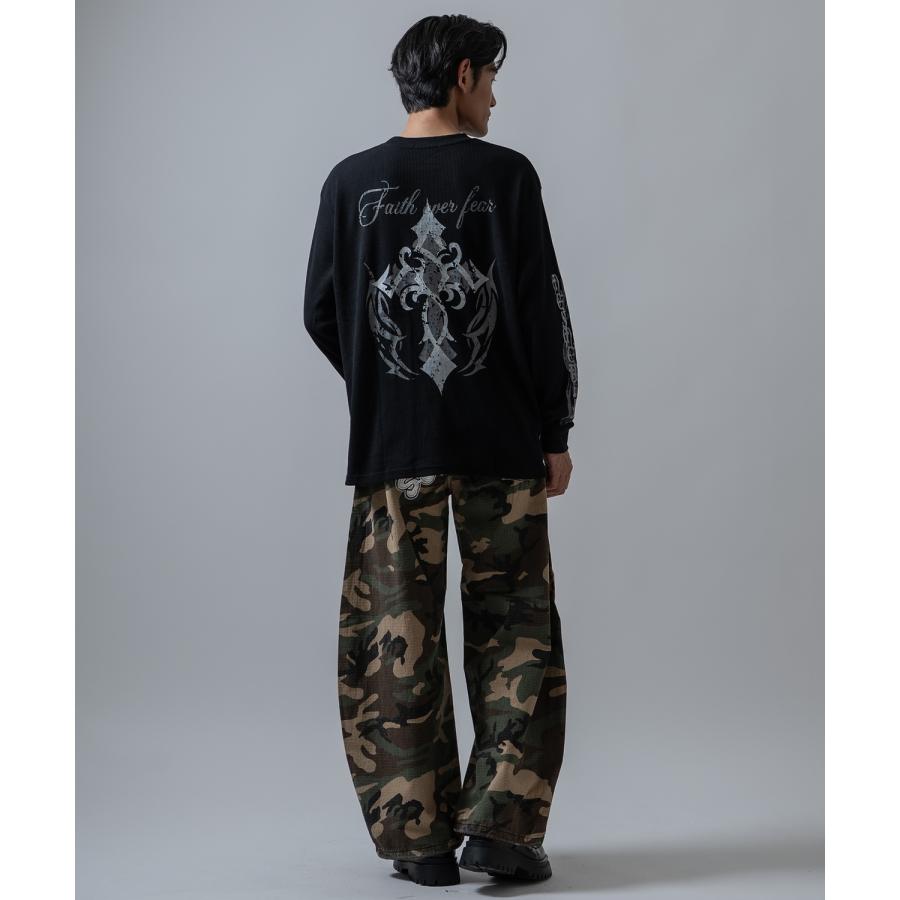 長袖Tシャツ メンズ クロススカル ワッフル ロンTEE アメカジ カジュアル Y2K ストリート 90s ストリート 韓国ファッション | improves | 18