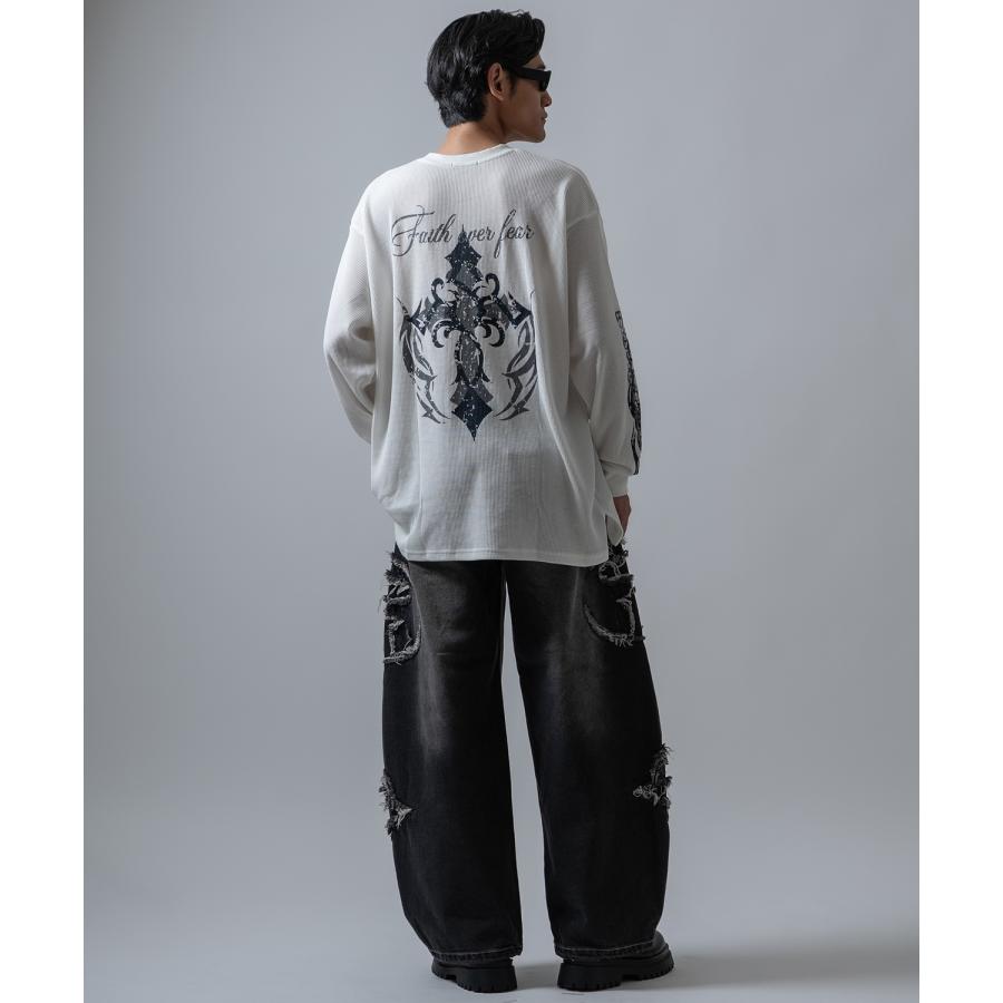 長袖Tシャツ メンズ クロススカル ワッフル ロンTEE アメカジ カジュアル Y2K ストリート 90s ストリート 韓国ファッション | improves | 06