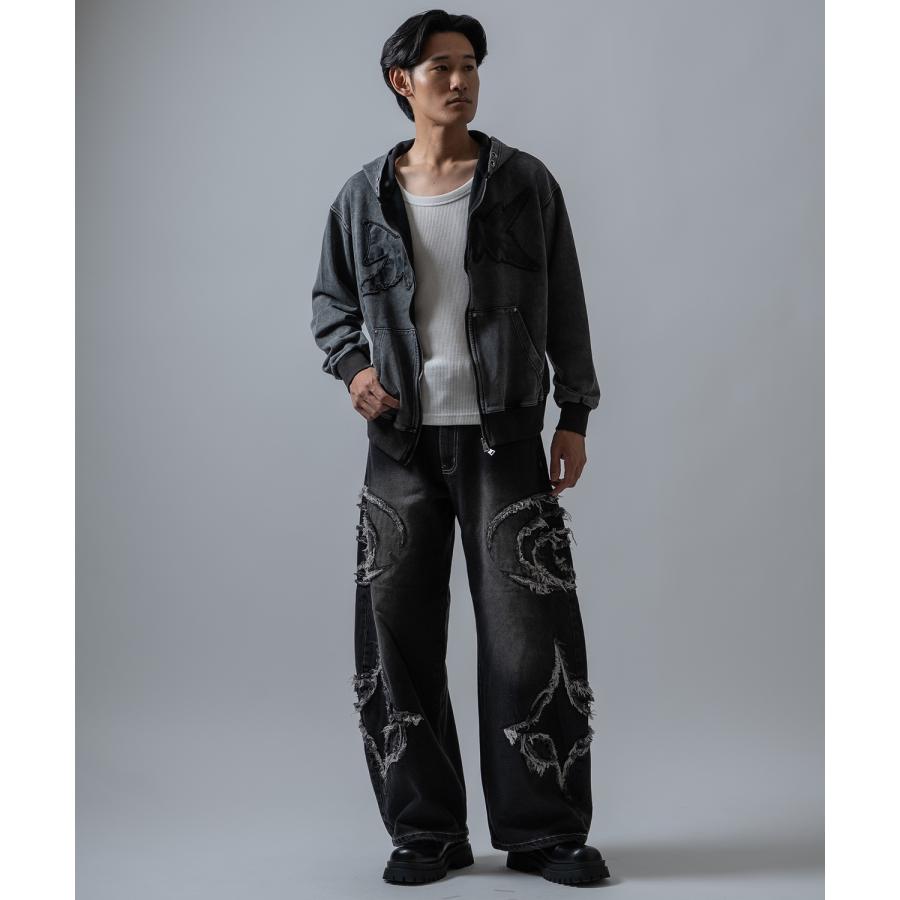パーカー メンズ 刺しゅう ロゴ ヴィンテージ加工 ショート丈 裏毛 スウェット ジップパーカー トライバル アメカジ カジュアル Y2K ストリート 90s ストリート | improves | 04