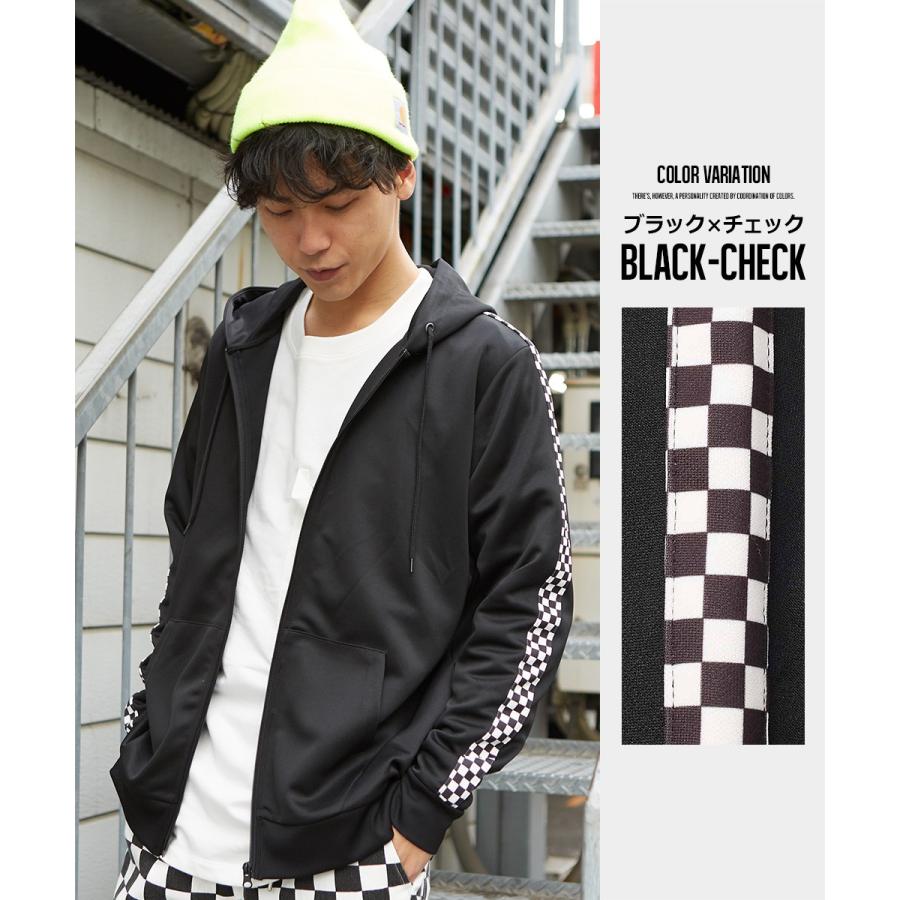 パーカー メンズ ジャージ ライン ジップアップパーカー ジップパーカー 袖ライン ブラック 黒 チェック ストライプ ストリート | improves | 05