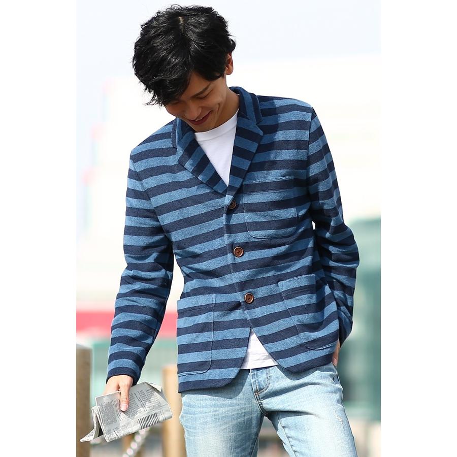 テーラードジャケット メンズ インディゴ パイル ボーダー アウター ジャケット ブレザー ブルゾン ジャンパー ブルー | improves | 03