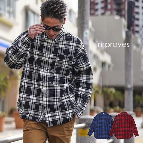 チェックシャツ メンズ ビッグシルエット シャツ 長袖 ビッグシャツ オーバーサイズ ロング丈 長袖シャツ レッド | improves