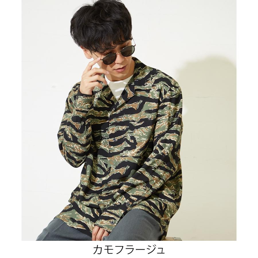 迷彩 レーヨン 開襟シャツ メンズ 長袖 シャツ オープンカラーシャツ