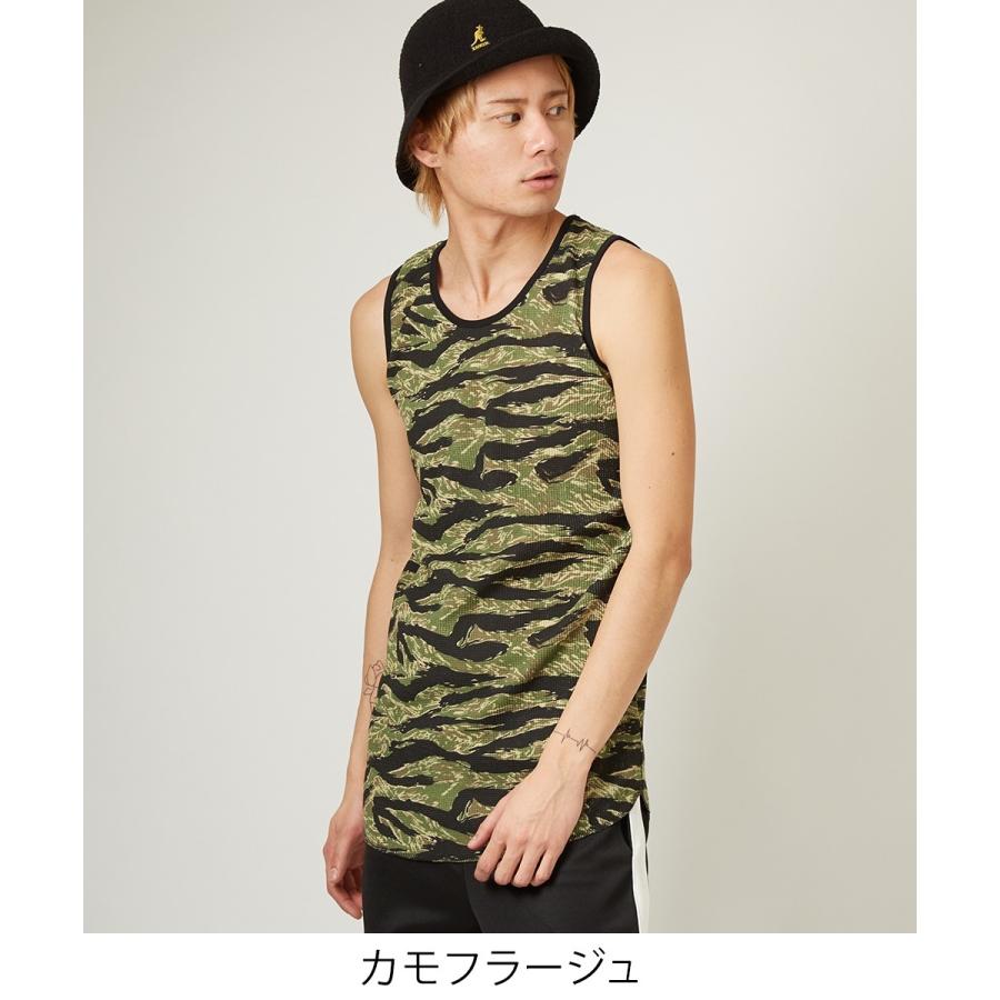 ロング タンクトップ メンズ ワッフル サーマル カットソー ロング丈 ホワイト ブラック カモフラ 迷彩 白 黒 無地 ストリート系 | improves | 01