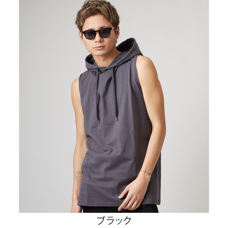 ノースリーブ ビッグパーカー メンズ ロング タンクトップ ビッグシルエット Tシャツ カットソー オーバーサイズ ビッグサイズ 無地 | improves | 03