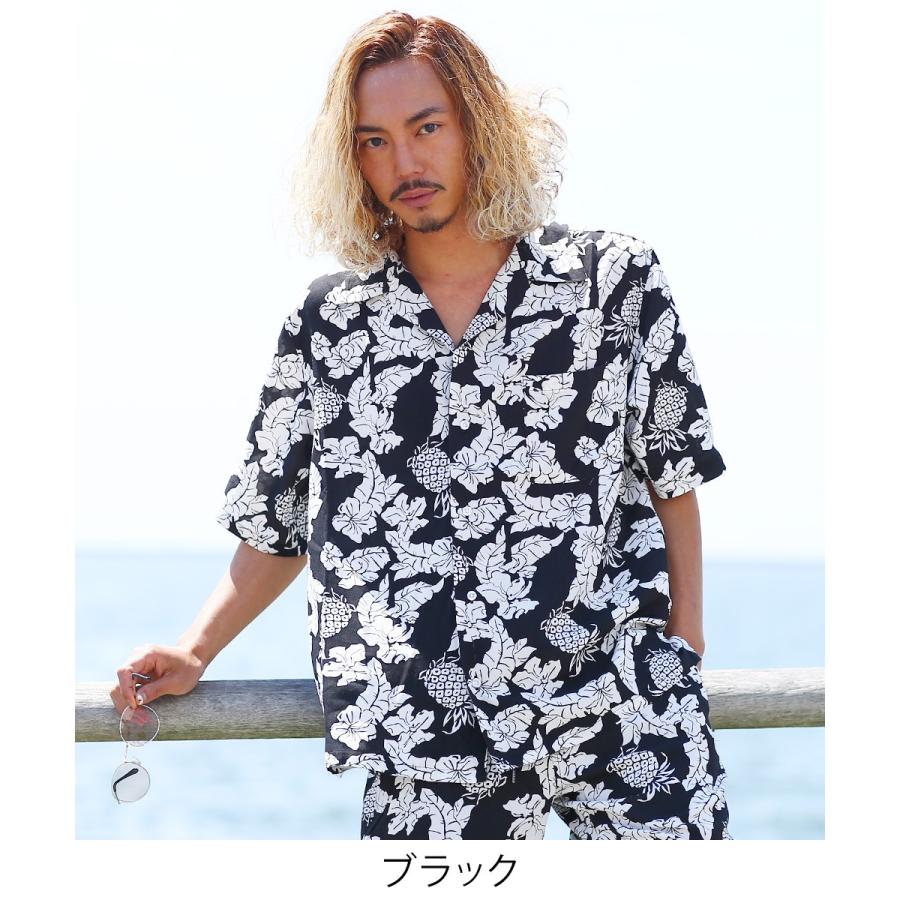 開襟シャツ 半袖 メンズ ボタニカル柄 アロハシャツ パイナップル柄 花柄 シャツ レーヨン オープンカラーシャツ レトロ 柄シャツ | improves | 01