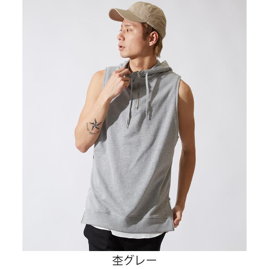 ノースリーブ ハーフジップ パーカー メンズ ビッグパーカー ビッグシルエット プルオーバー スウェット オーバーサイズ ビッグサイズ | improves | 03