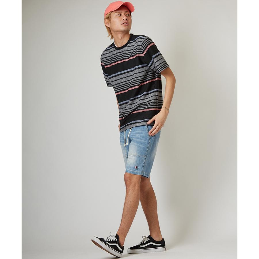 裏使い スウェット ボーダー カットソー メンズ Tシャツ 半袖 スエット トレーナー クルーネック トップス ブラック 黒 サーフ系 | improves | 01