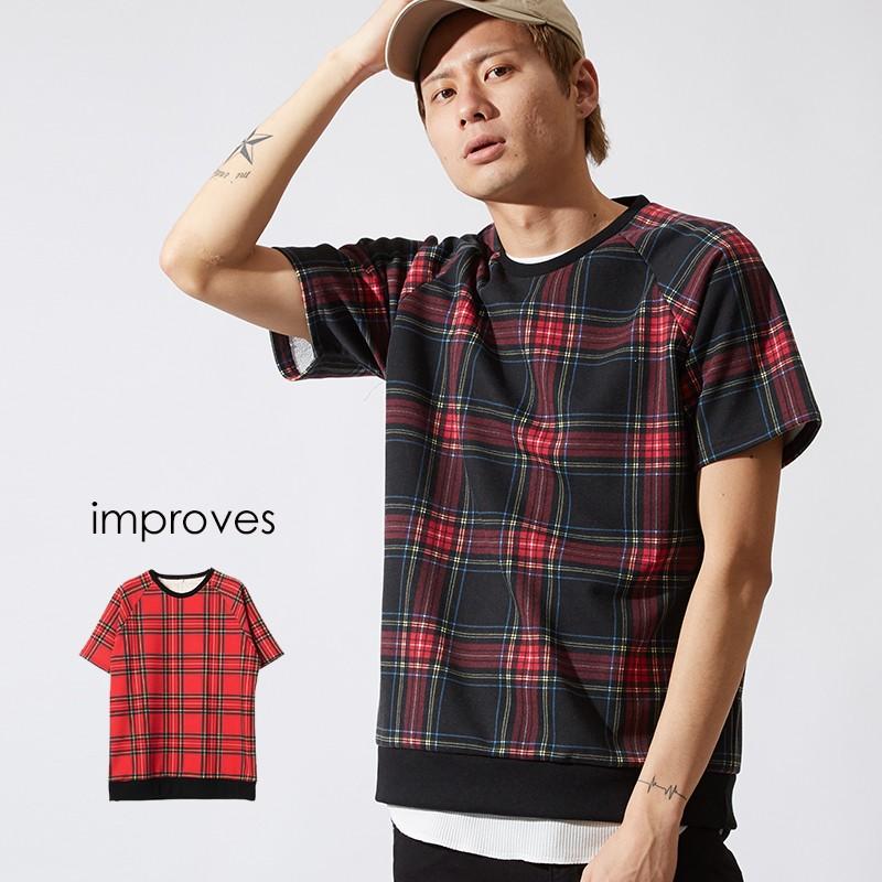 半袖 スウェット トレーナー メンズ チェック スエット クルーネック カットソー トップス ブラック レッド 黒 赤 韓国ファッション | improves
