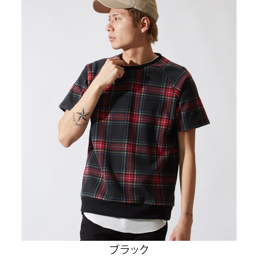 半袖 スウェット トレーナー メンズ チェック スエット クルーネック カットソー トップス ブラック レッド 黒 赤 韓国ファッション | improves | 01