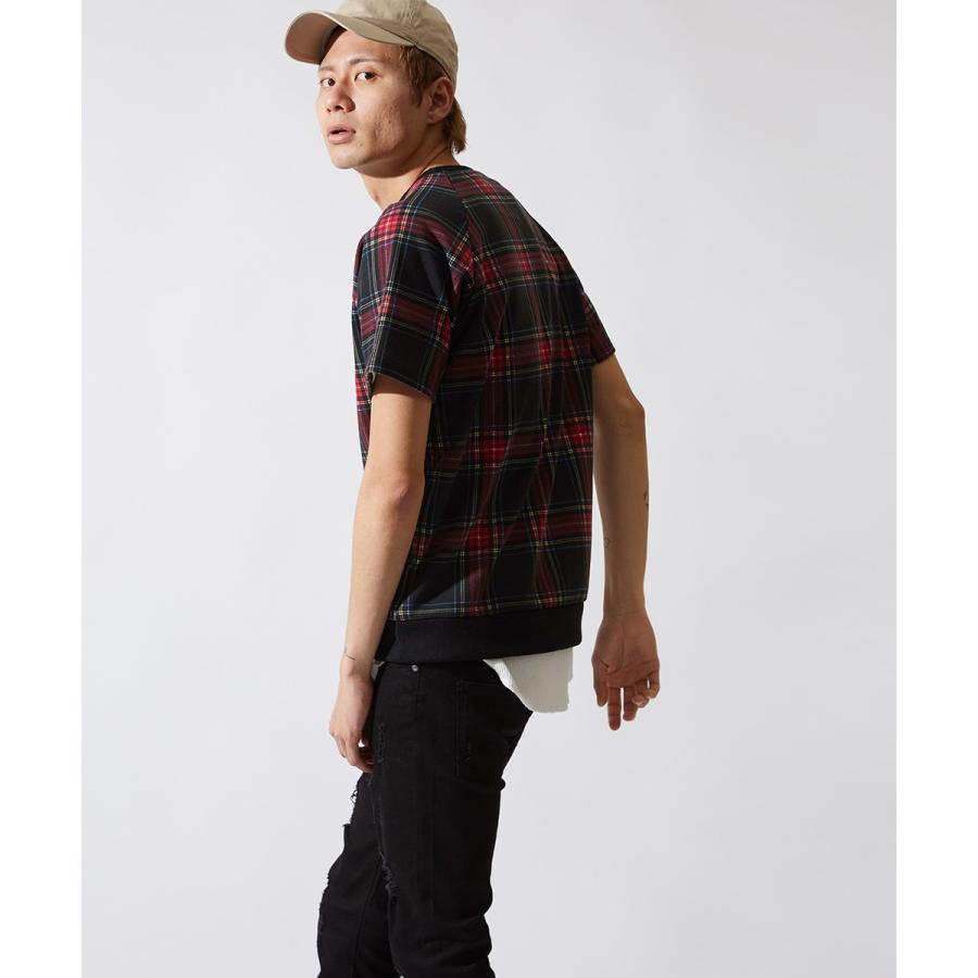 半袖 スウェット トレーナー メンズ チェック スエット クルーネック カットソー トップス ブラック レッド 黒 赤 韓国ファッション | improves | 02