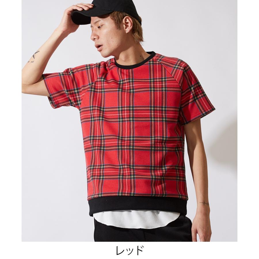 半袖 スウェット トレーナー メンズ チェック スエット クルーネック カットソー トップス ブラック レッド 黒 赤 韓国ファッション | improves | 03