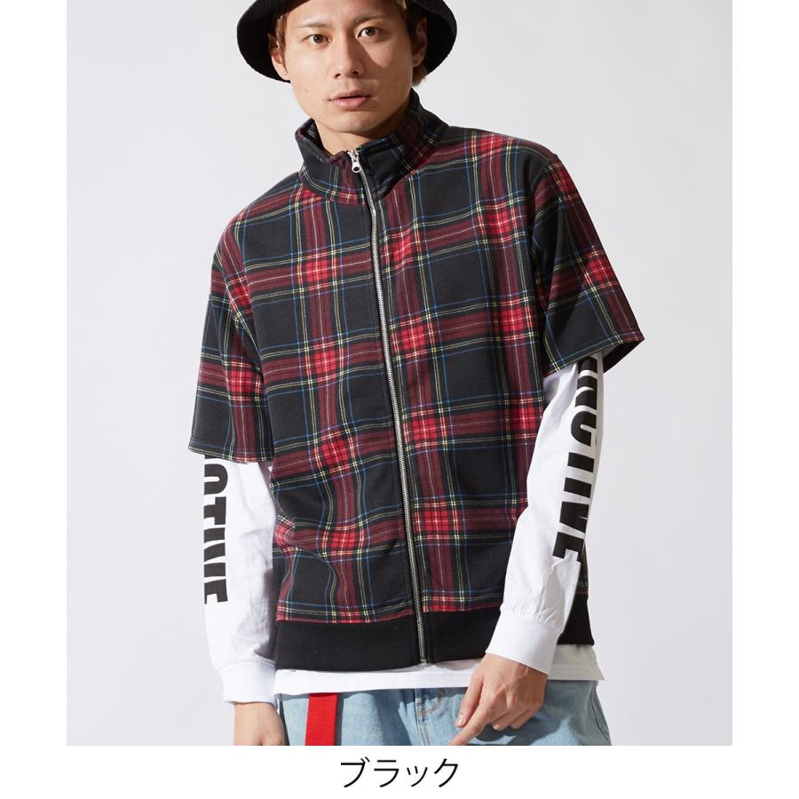 半袖 スウェット チェック ジャケット メンズ スエット トラックジャケット ブルゾン アウター ブラック レッド 黒 韓国ファッション | improves | 01
