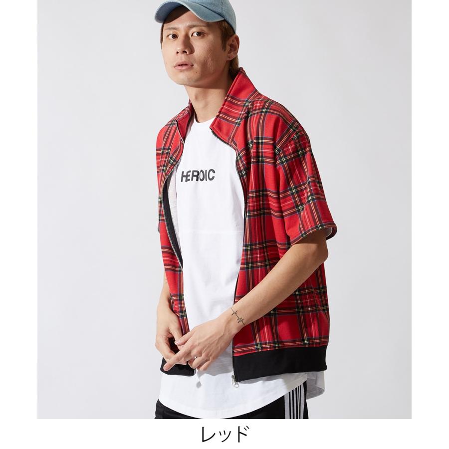 半袖 スウェット チェック ジャケット メンズ スエット トラックジャケット ブルゾン アウター ブラック レッド 黒 韓国ファッション | improves | 03