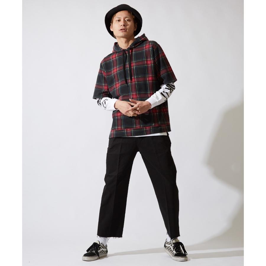 半袖 パーカー メンズ スウェット スエット チェック プルオーバー カットソー トップス ブラック レッド 黒 赤 韓国ファッション | improves | 02