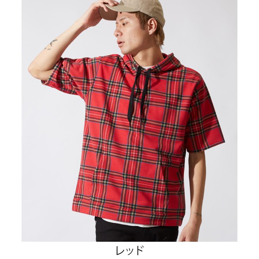 半袖 パーカー メンズ スウェット スエット チェック プルオーバー カットソー トップス ブラック レッド 黒 赤 韓国ファッション | improves | 03