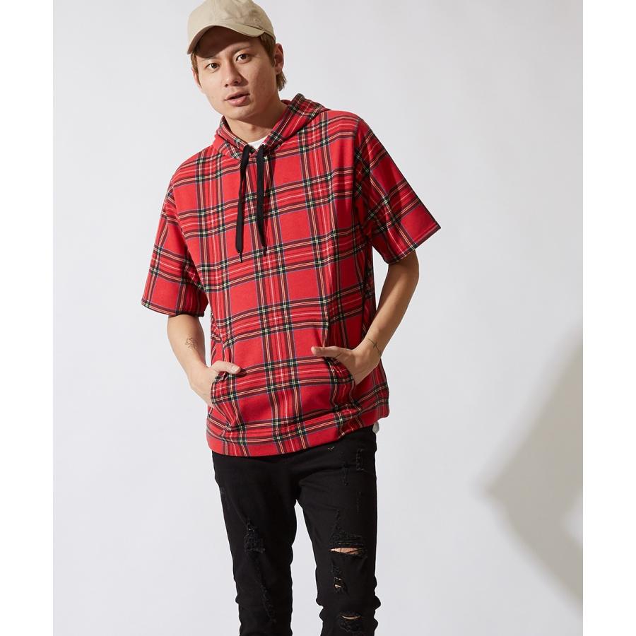 半袖 パーカー メンズ スウェット スエット チェック プルオーバー カットソー トップス ブラック レッド 黒 赤 韓国ファッション | improves | 04