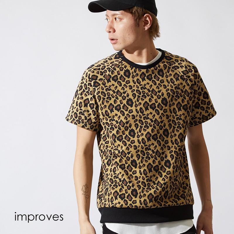 半袖 スウェット トレーナー メンズ レオパード ヒョウ柄 豹柄 スエット クルーネック カットソー トップス 韓国ファッション | improves
