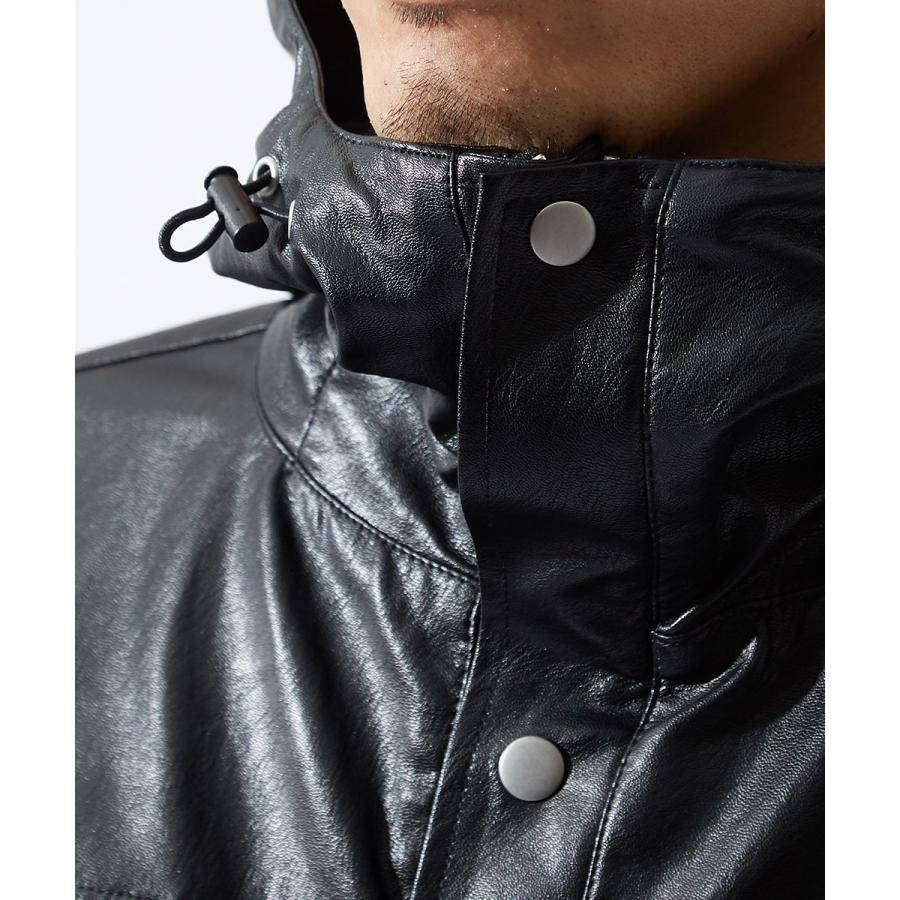マウンテンパーカー メンズ レザージャケット 革ジャン PUレザー 合皮 ブルゾン ジャケット フードジャケット 黒 マンパー | improves | 10