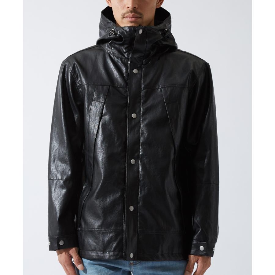 マウンテンパーカー メンズ レザージャケット 革ジャン PUレザー 合皮 ブルゾン ジャケット フードジャケット 黒 マンパー | improves | 07
