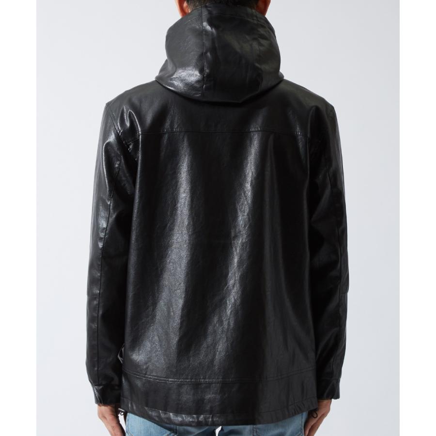 マウンテンパーカー メンズ レザージャケット 革ジャン PUレザー 合皮 ブルゾン ジャケット フードジャケット 黒 マンパー | improves | 09