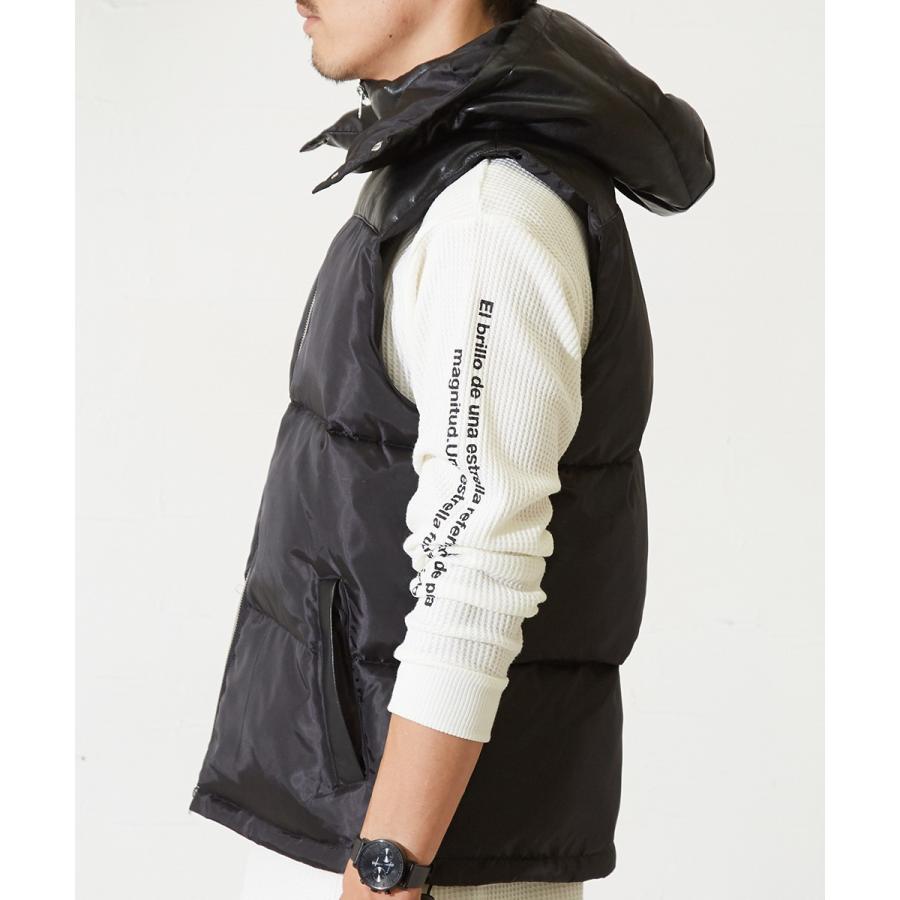 ダウンベスト メンズ レザー切替 ナイロンベスト 中綿ベスト ブラック 黒 脱着フード付き 取り外し パーカー improves | improves | 07