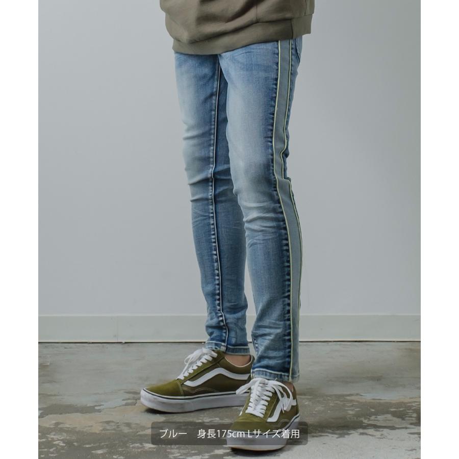 デニム メンズ サイドライン ネオン スリム スキニー 青 ビンテージ風 ビンテージ加工 アンクル丈 アンクルデニム ラインパンツ スキニーデニム | improves | 05