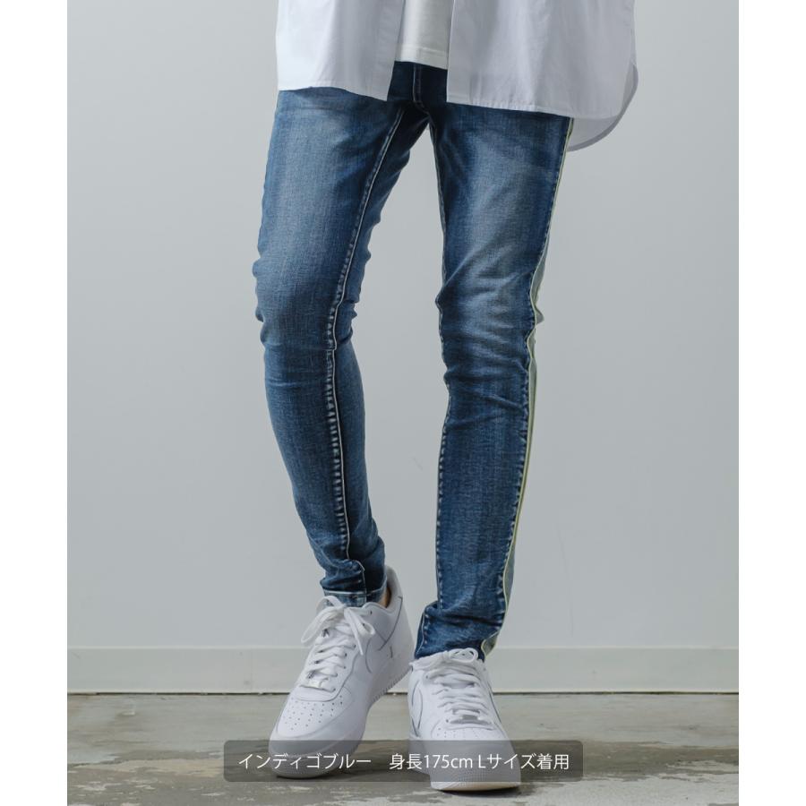 デニム メンズ サイドライン ネオン スリム スキニー 青 ビンテージ風 ビンテージ加工 アンクル丈 アンクルデニム ラインパンツ スキニーデニム | improves | 09