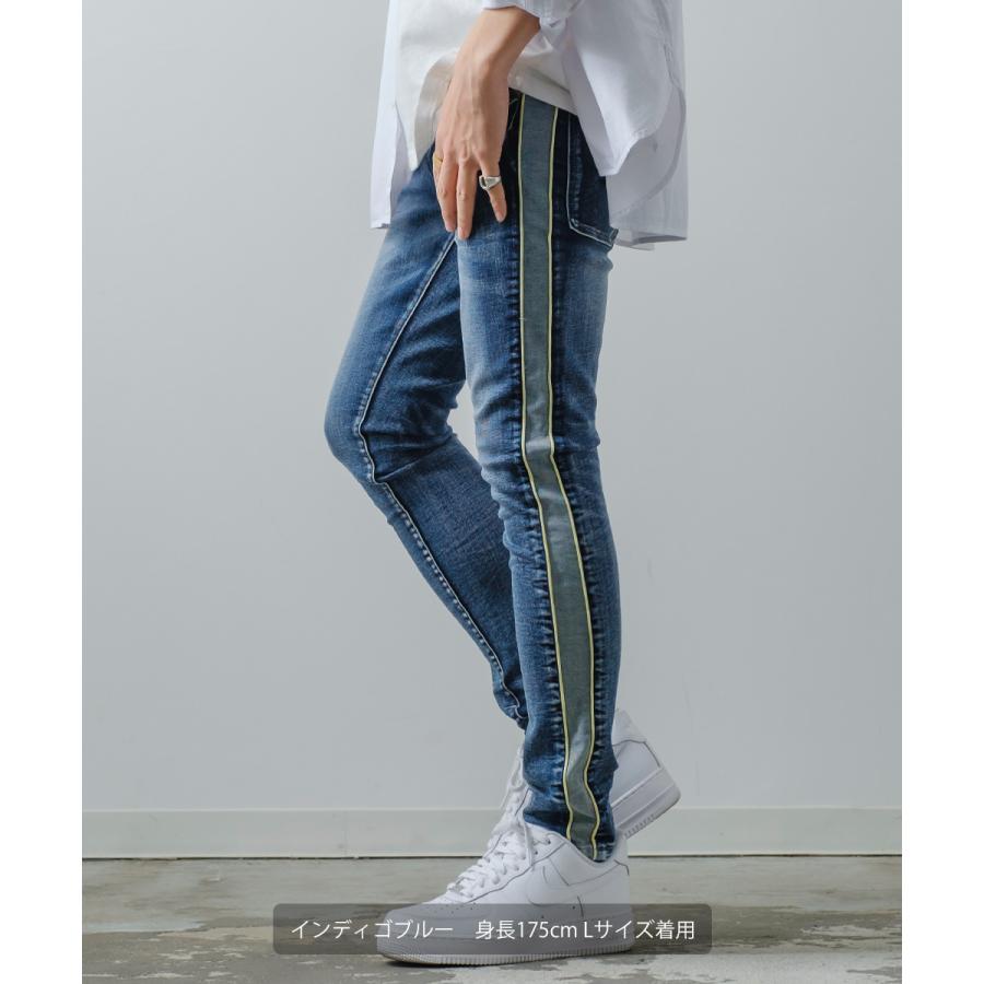デニム メンズ サイドライン ネオン スリム スキニーパンツ 青 ビンテージ風 ビンテージ加工 アンクル丈 アンクルデニム ラインパンツ スキニーデニム | improves | 10