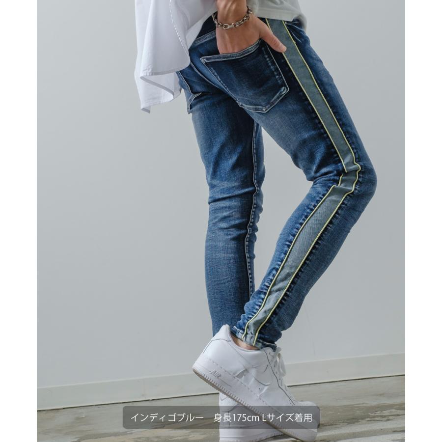 デニム メンズ サイドライン ネオン スリム スキニーパンツ 青 ビンテージ風 ビンテージ加工 アンクル丈 アンクルデニム ラインパンツ スキニーデニム | improves | 11