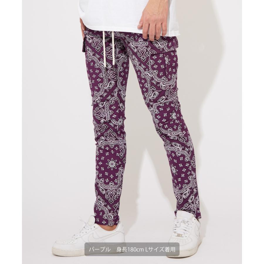 カーゴパンツ メンズ スキニーパンツ ウエストゴム バンダナ柄 ペイズリー柄 柄パンツ 黒 白 テーパードパンツ イージーパンツ improves | improves | 04