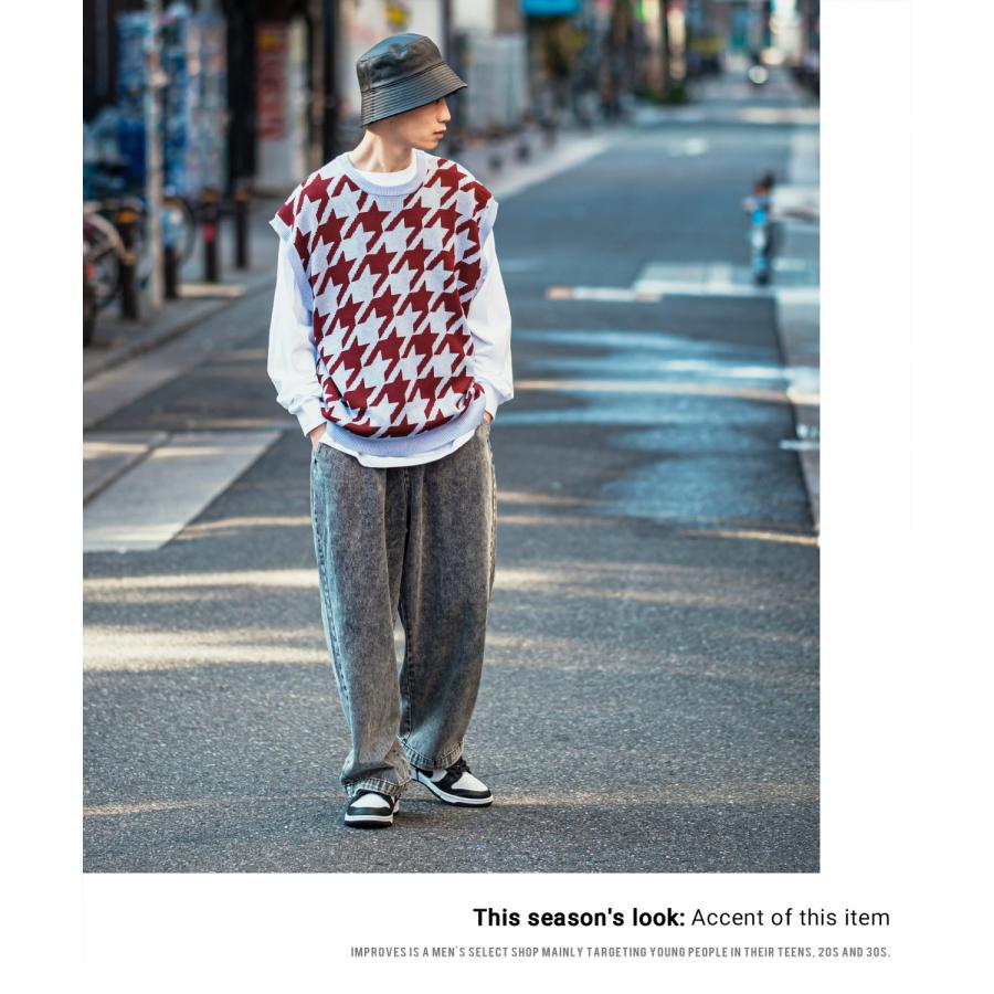 ニットベスト メンズ 千鳥格子 ハウンドトゥース カラーニット オーバーサイズ 大きめ きれいめカジュアル モード ストリート 韓国ファッション | improves | 18