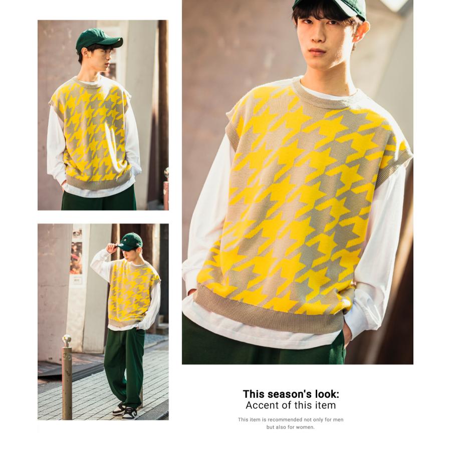 ニットベスト メンズ 千鳥格子 ハウンドトゥース カラーニット オーバーサイズ 大きめ きれいめカジュアル モード ストリート 韓国ファッション | improves | 12