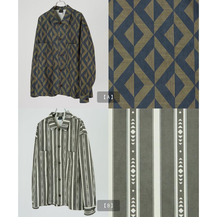 長袖シャツ メンズ レディース フェイク  スエード 柄シャツ 総柄 幾何学模様 カジュアルシャツ ゆったり オーバーサイズ 大きいサイズ ビッグシルエット | improves | 20