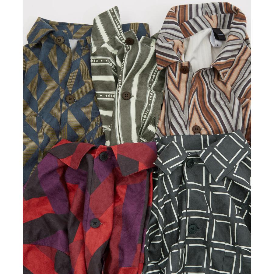 長袖シャツ メンズ レディース フェイク  スエード 柄シャツ 総柄 幾何学模様 カジュアルシャツ ゆったり オーバーサイズ 大きいサイズ ビッグシルエット | improves | 23