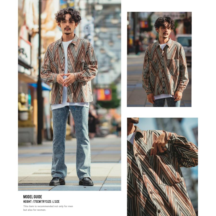 長袖シャツ メンズ レディース フェイク  スエード 柄シャツ 総柄 幾何学模様 カジュアルシャツ ゆったり オーバーサイズ 大きいサイズ ビッグシルエット | improves | 07