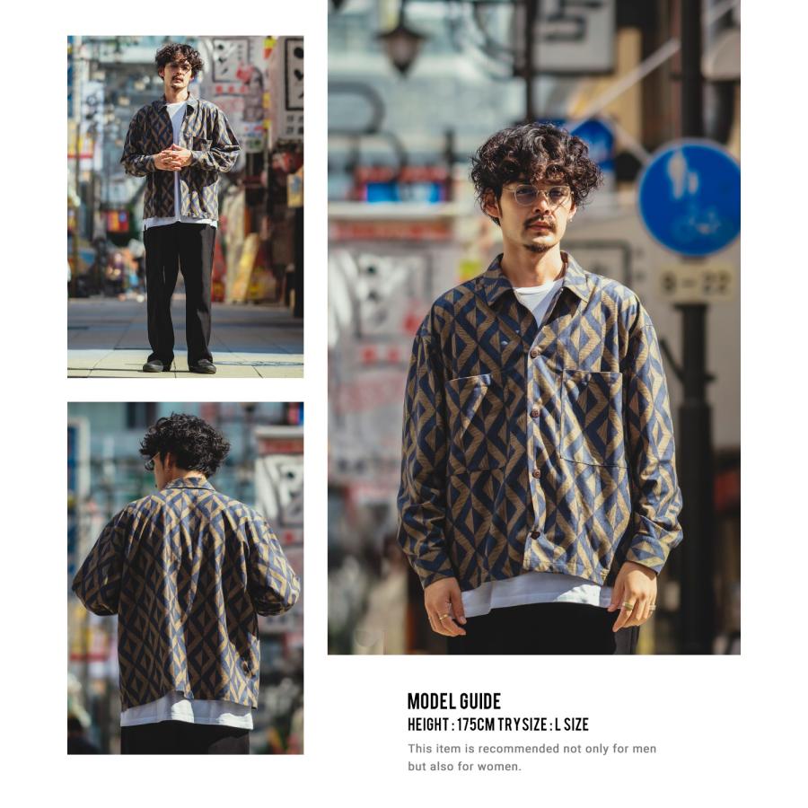 長袖シャツ メンズ レディース フェイク  スエード 柄シャツ 総柄 幾何学模様 カジュアルシャツ ゆったり オーバーサイズ 大きいサイズ ビッグシルエット | improves | 10