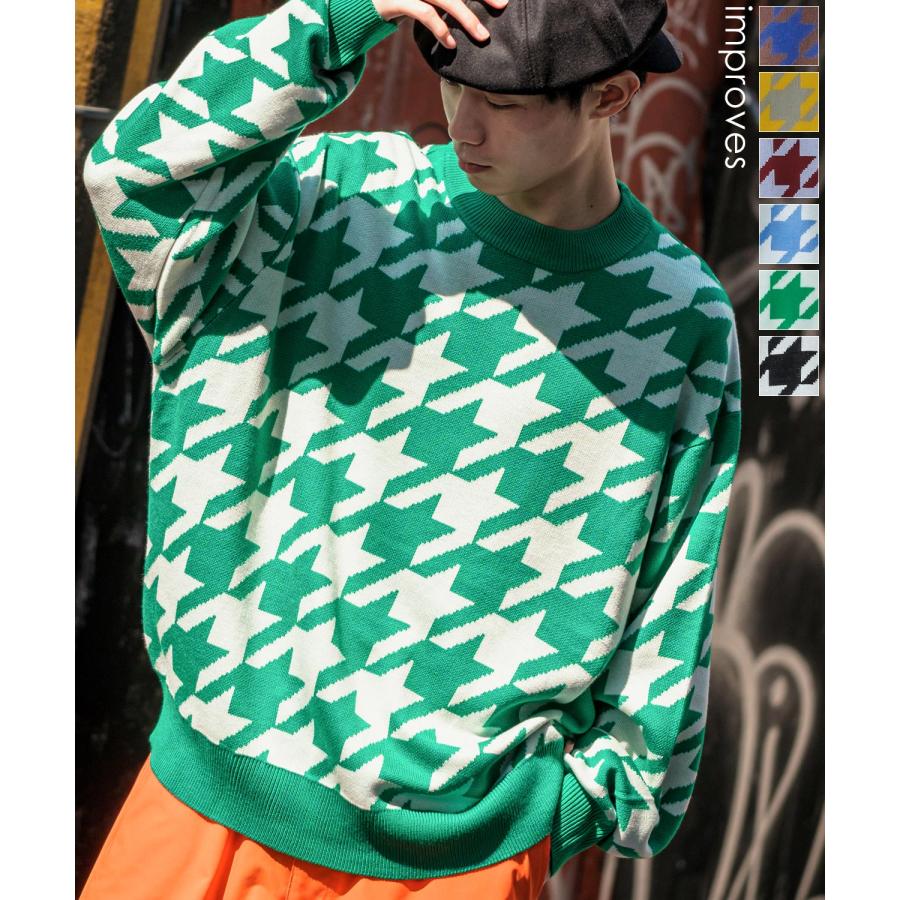 improves ニットセーター メンズ クルーネック 千鳥格子