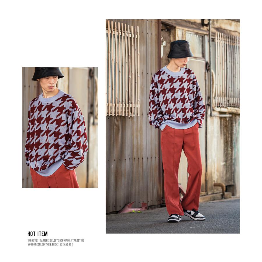 ニットセーター メンズ クルーネック 千鳥格子 ハウンドトゥース チェック柄 カラーニット オーバーサイズ きれいめカジュアル モード ストリート | improves | 17