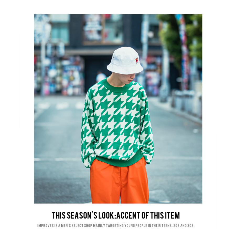 ニットセーター メンズ クルーネック 千鳥格子 ハウンドトゥース チェック柄 カラーニット オーバーサイズ きれいめカジュアル モード ストリート | improves | 08