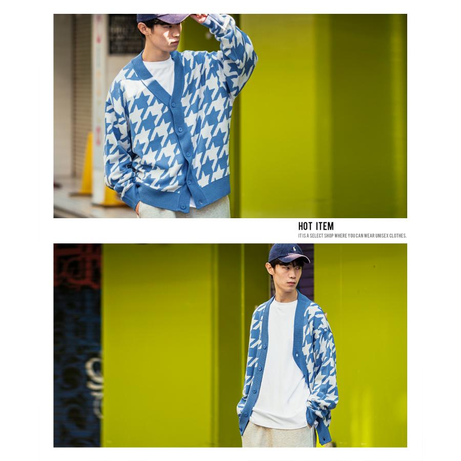 ニットカーディガン メンズ Vネック 千鳥格子 ハウンドトゥース チェック柄 カラーニット オーバーサイズ きれいめカジュアル モード ストリート | improves | 23