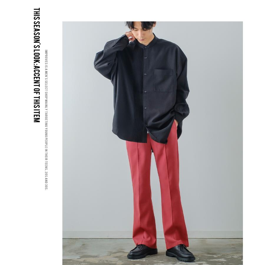 スラックス メンズ スーツ生地 フレアパンツ ピンタック  センタープレス イージーパンツ スリムフィット キレイめ カジュアル モード 韓国ファッション | improves | 22