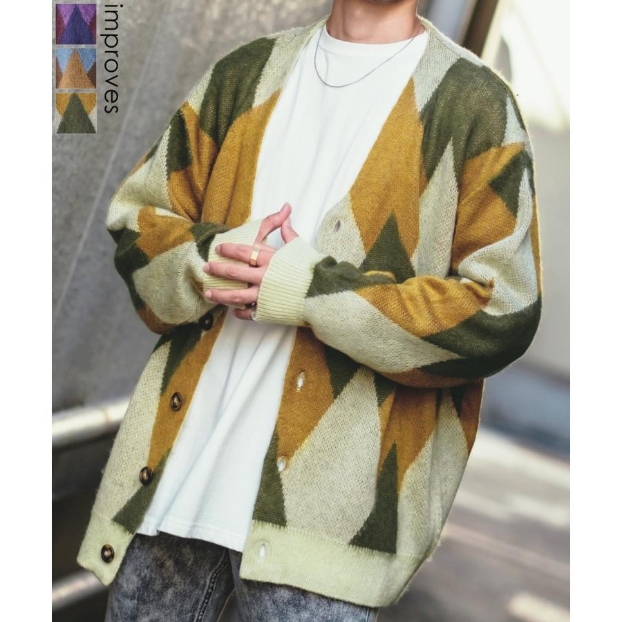 カーディガン メンズ モヘアタッチ Vネック 幾何学 チェック ...