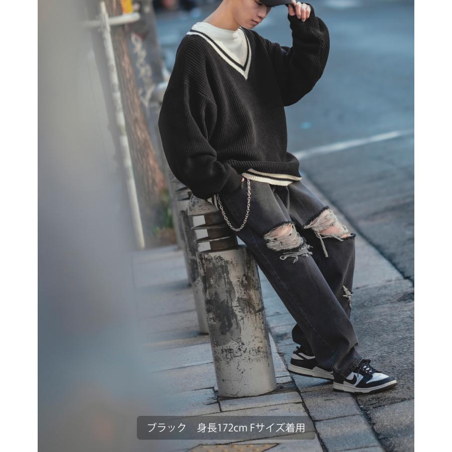 ニットセーター メンズ NULL ヌル チルデン Vネック ライン テニス ニット ビッグサイズ オーバーサイズ 大きめ アメカジ カジュアル ストリート 韓国 | improves | 13