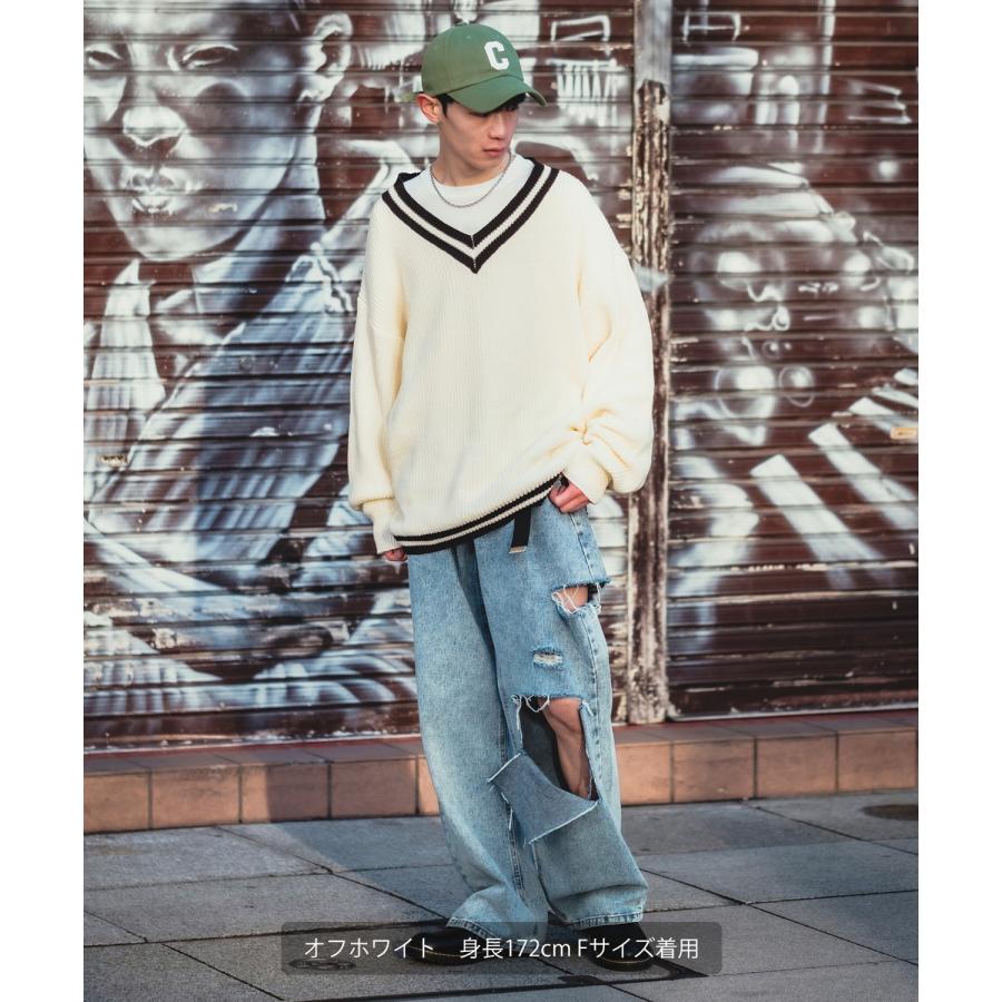 ニットセーター メンズ NULL ヌル チルデン Vネック ライン テニス ニット ビッグサイズ オーバーサイズ 大きめ アメカジ カジュアル ストリート 韓国 | improves | 07