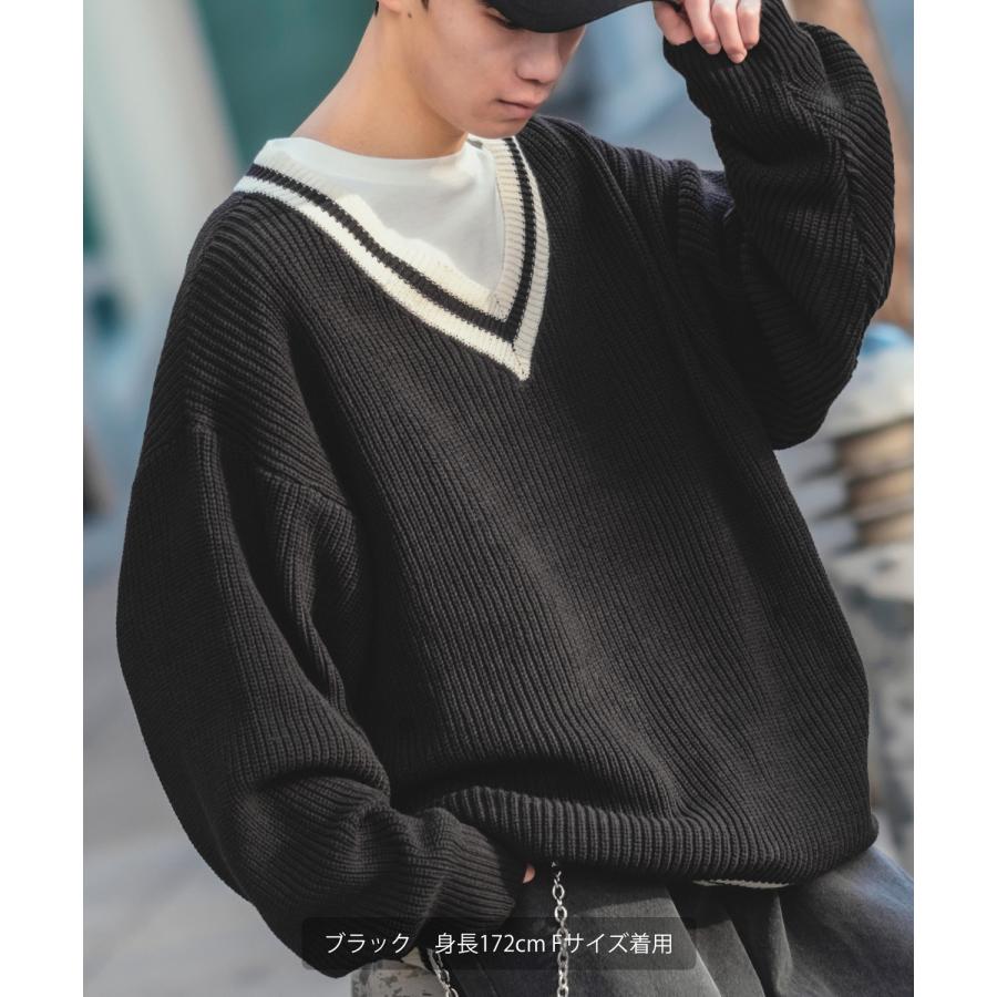 ニットセーター メンズ NULL ヌル チルデン Vネック ライン テニス ニット ビッグサイズ オーバーサイズ 大きめ アメカジ カジュアル ストリート 韓国 | improves | 08